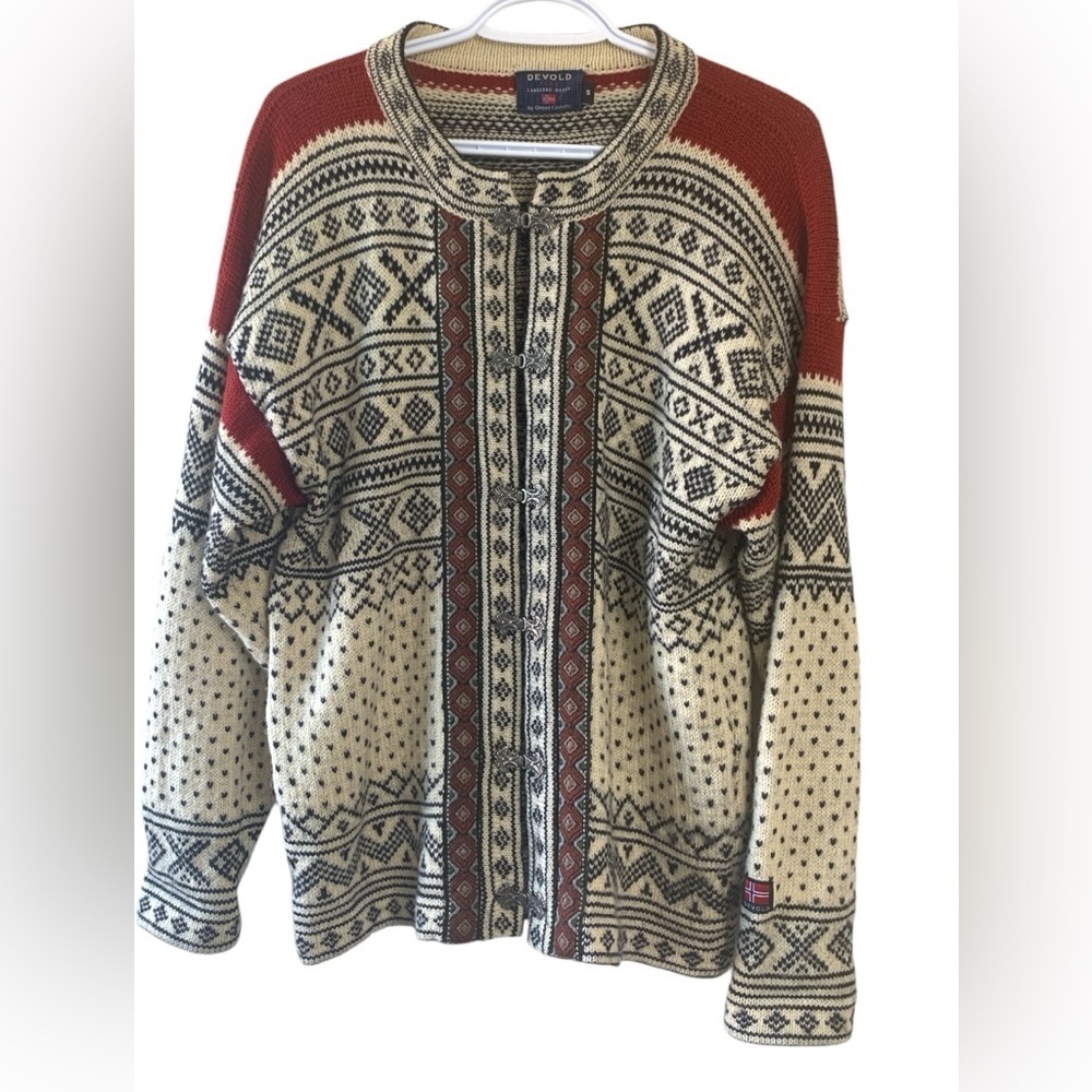 Devold of Norway Vintage Faire Isle Wool Sweater Cream, Red and Black